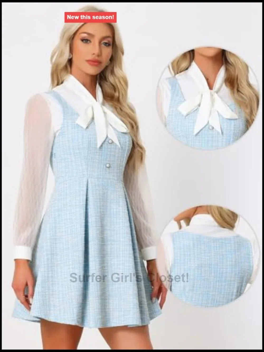 Allegra K Tweed A-Line Pinafore Dress, Sleeveless Square Neck, Pearl Buttons,
